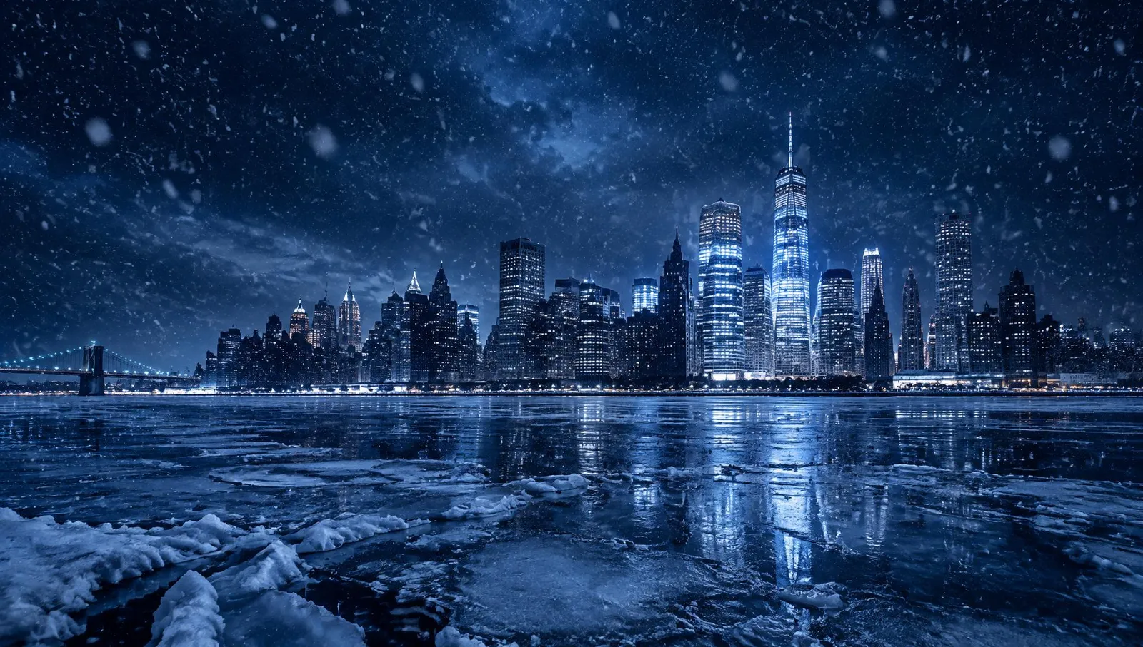 New York skyline on a snowy winter night
